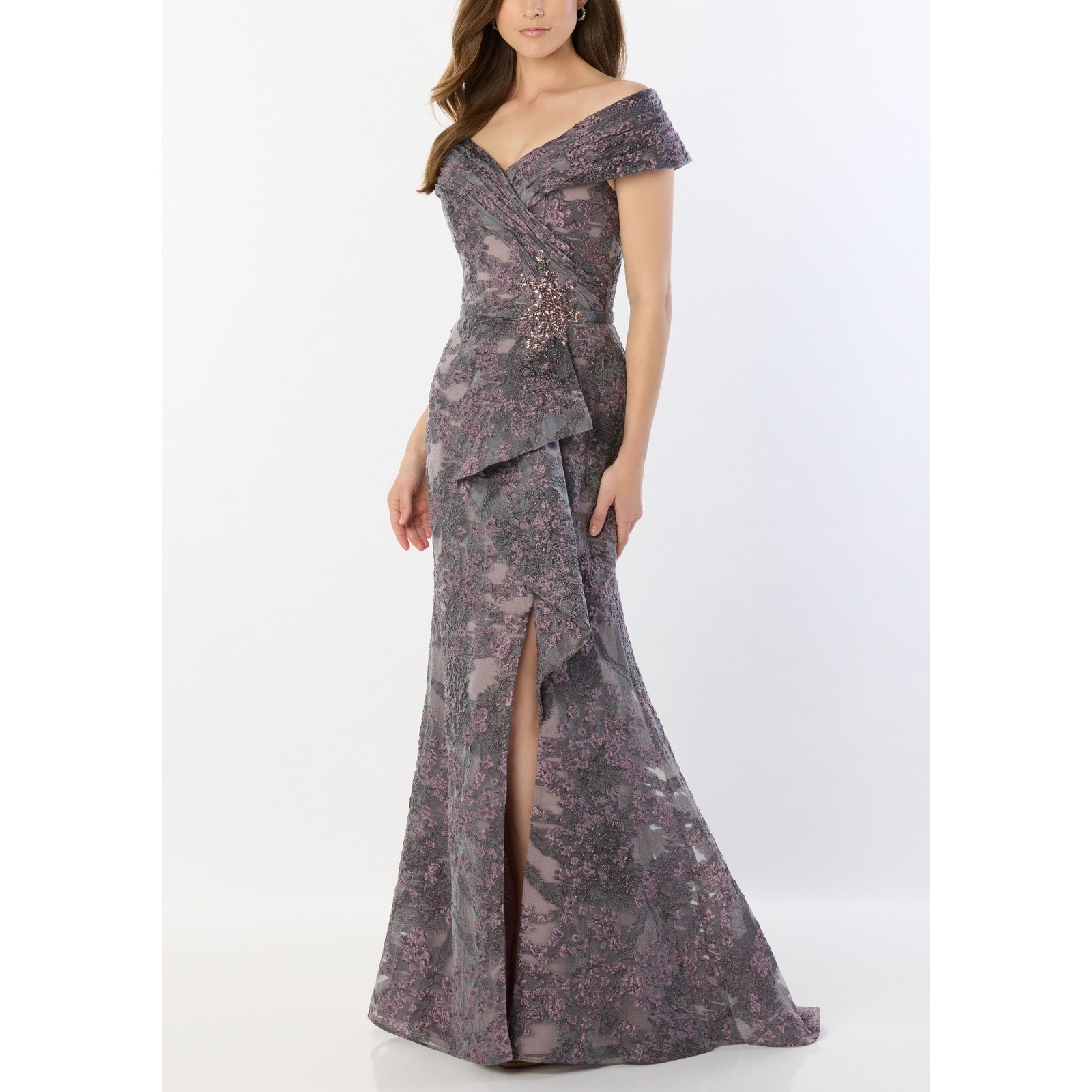Montage By Mon Cheri M524 Ruched Off Shoulder Floral Jacquard Gown Grey Purple 4
